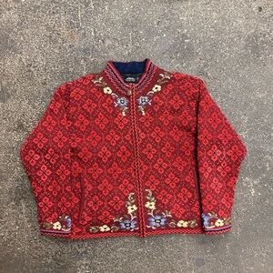 Icelandic Design Patterned Wool Knit Full Zip Sweater Women’s XL Red Floral
